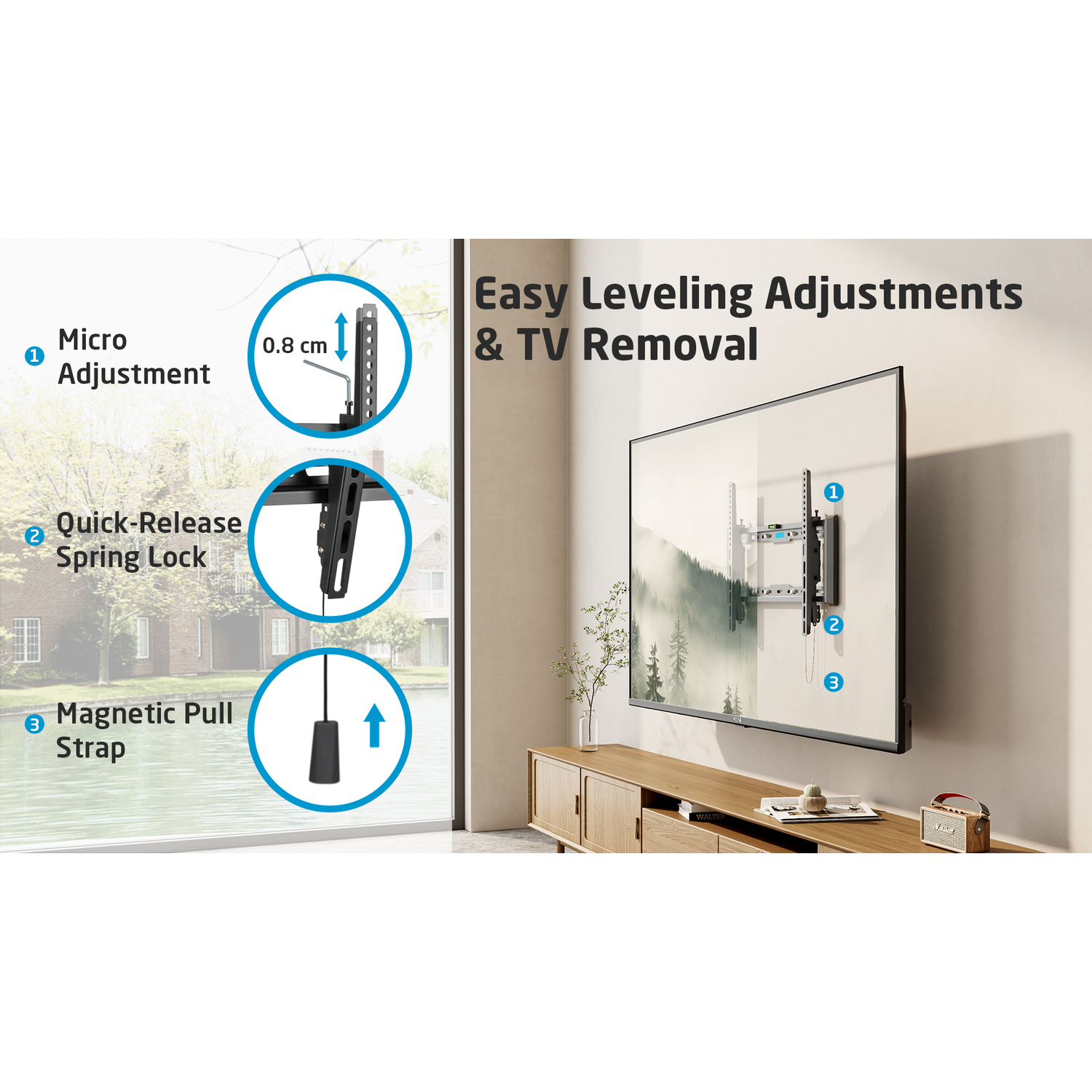 Tv-montagesysteem met micro-aanpassing en eenvoudige tv-verwijdering.