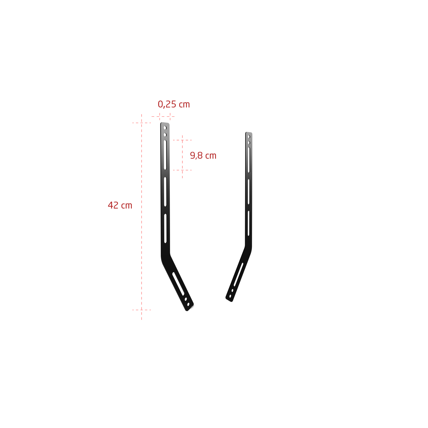 Twee zwarte metalen beugels met afmetingen: 42 cm lang, 0,25 cm breed en 9,8 cm afstand tussen de gaten.