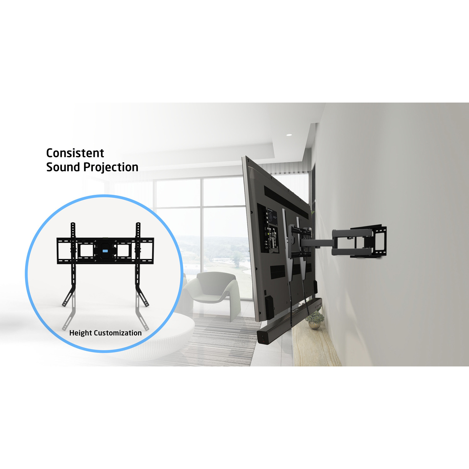 Tv aan de muur gemonteerd met een beugel, met de tekst 'Consistent Sound Projection'.