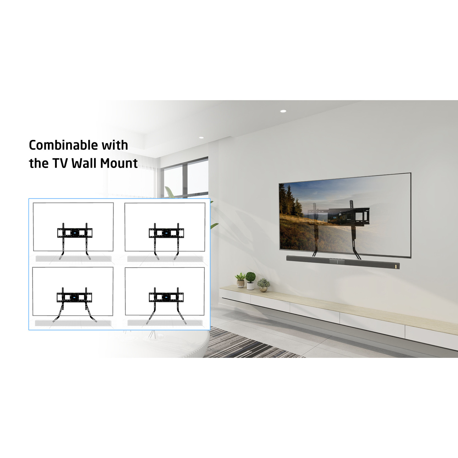 Een tv aan de muur, met diagrammen die wandmontageopties tonen.