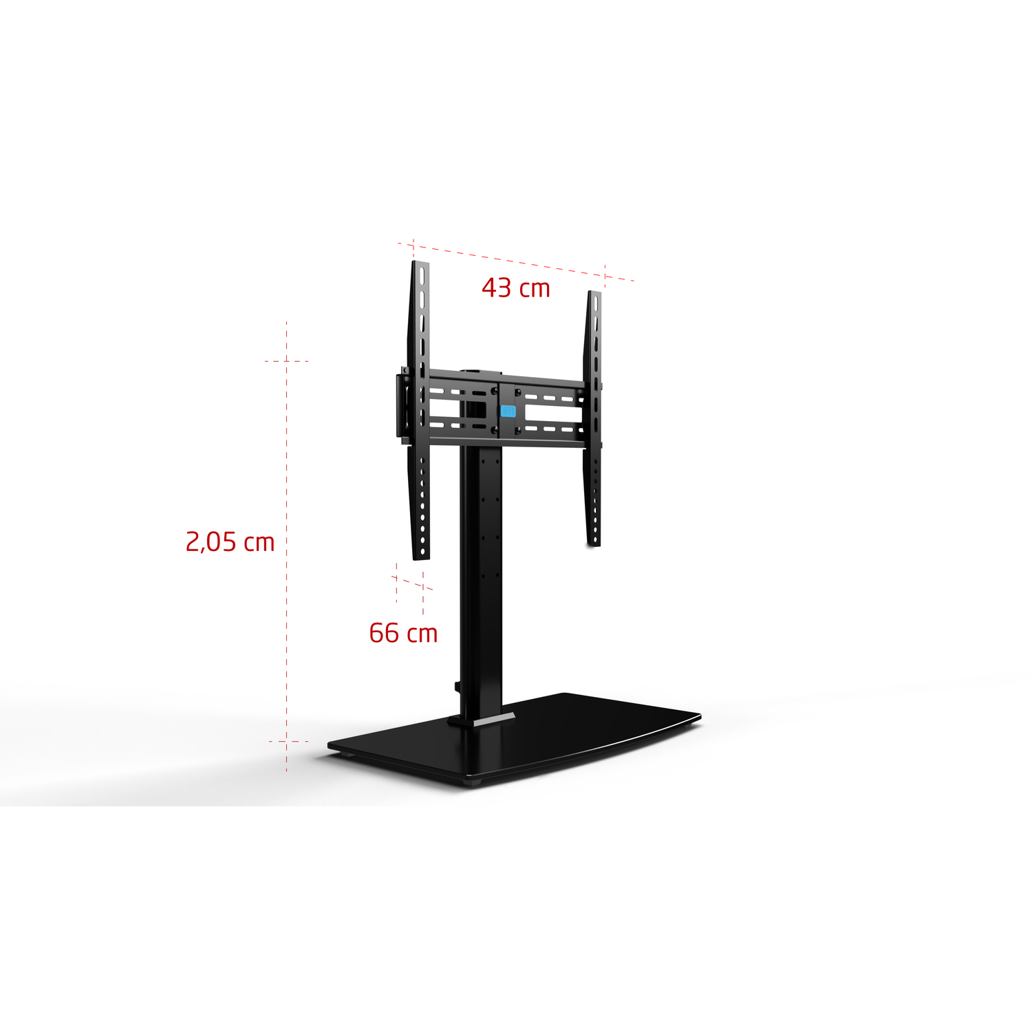Een zwarte tv-standaard met afmetingen in centimeters aangegeven.