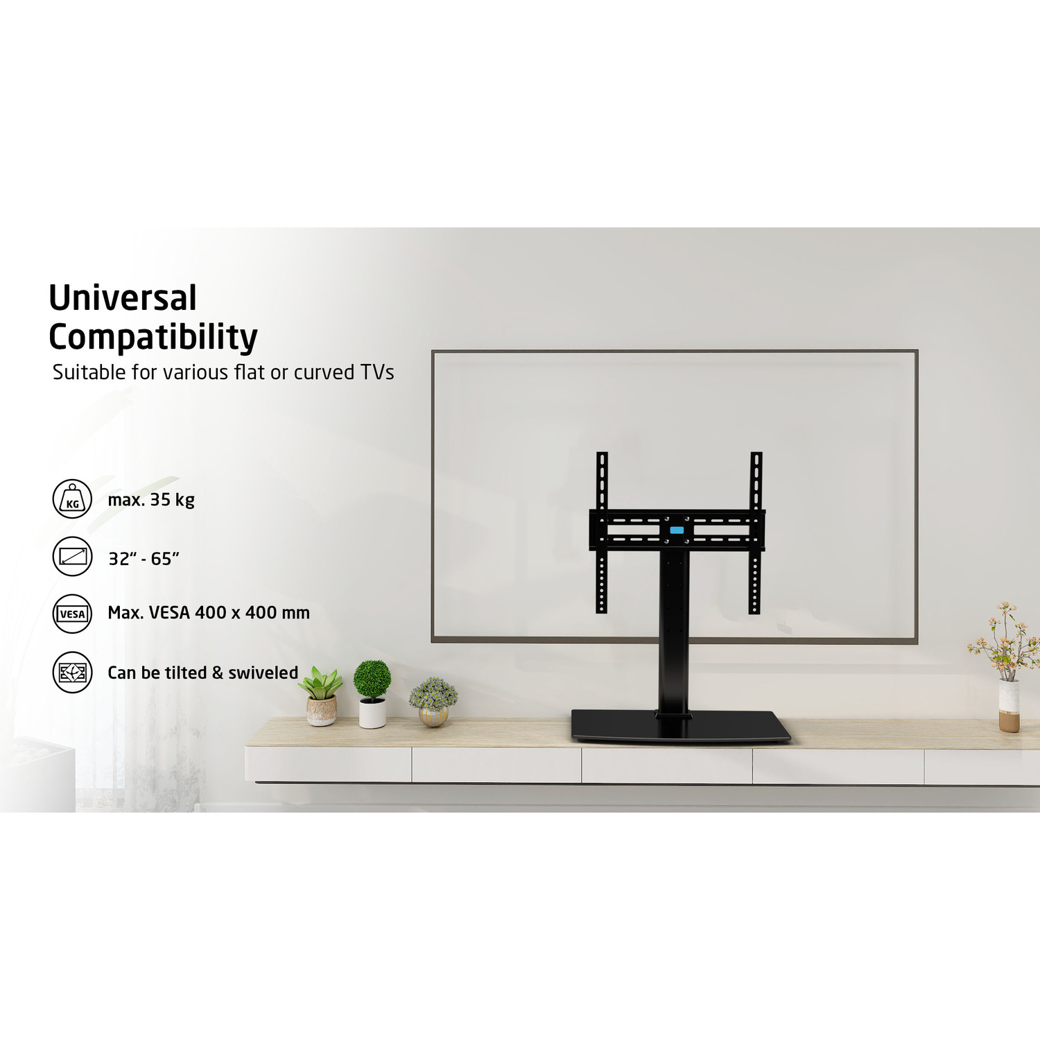 Een zwarte tv-standaard met een tv erop gemonteerd, met tekst over compatibiliteit.