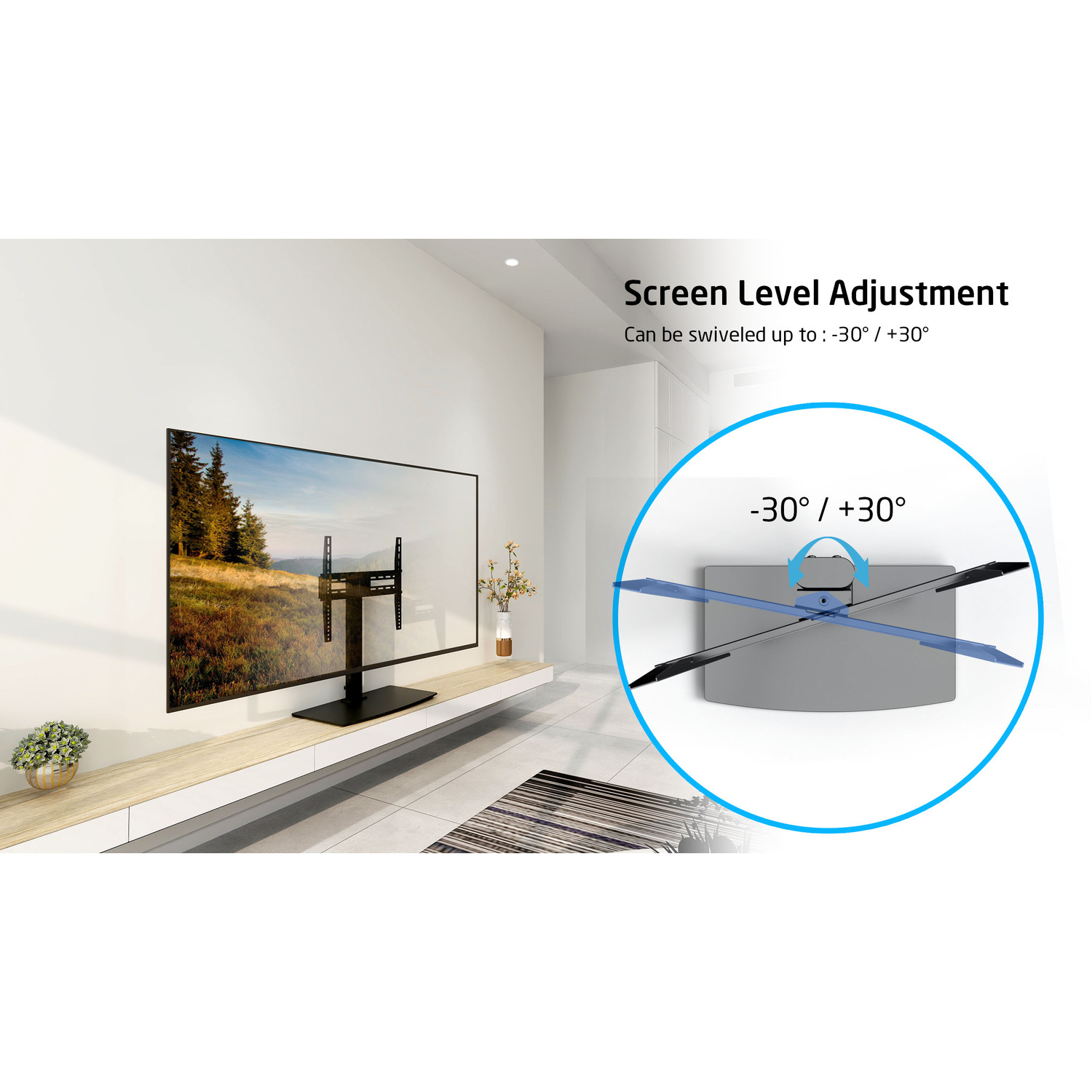 Tv op standaard, witte muur, met draaibare aanpassingsafbeelding.