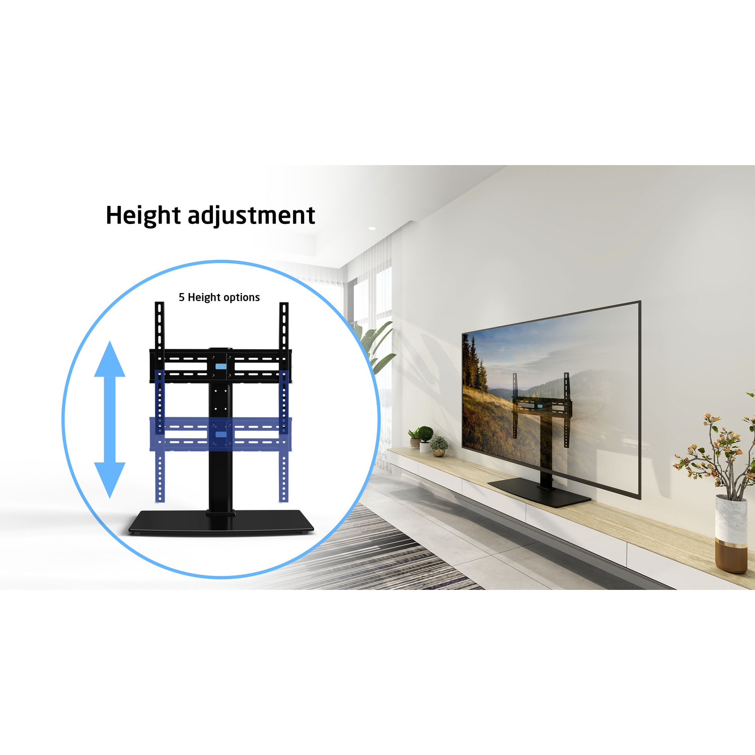 Tv op een standaard gemonteerd met een diagram dat hoogteverstellingsopties laat zien.