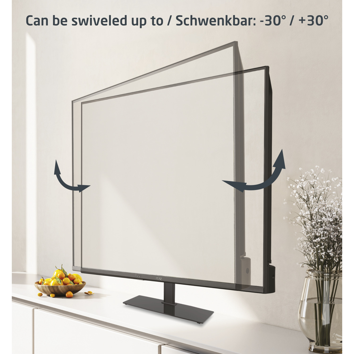 Monitor met draairichtingen, witte achtergrond, toont het rotatiebereik.
