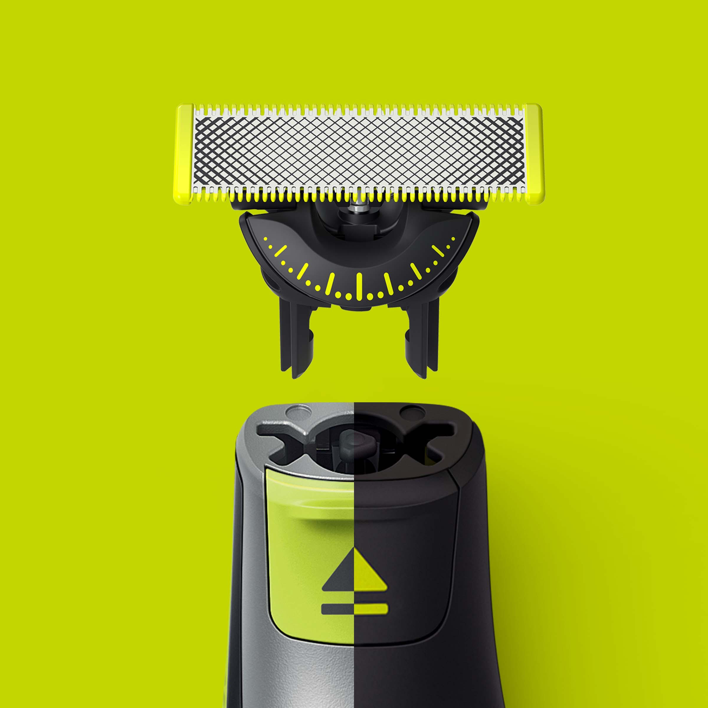 Zbliżenie głowicy i korpusu trymera, z żółtym ostrzem i pokrętłem regulacji.