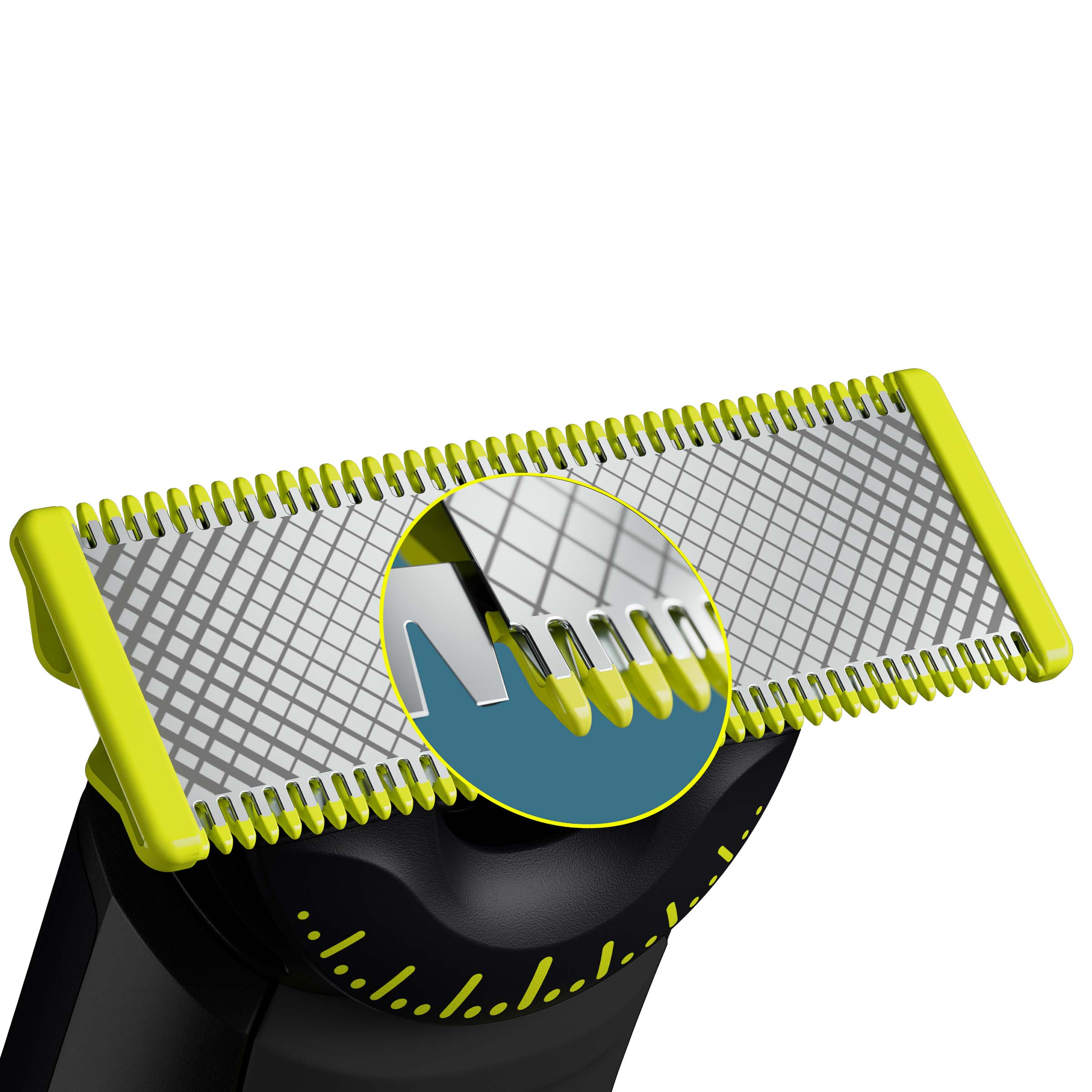 Zbliżenie ostrza trymera z zieloną ramką. Dołączono szczegółowy widok zębów.