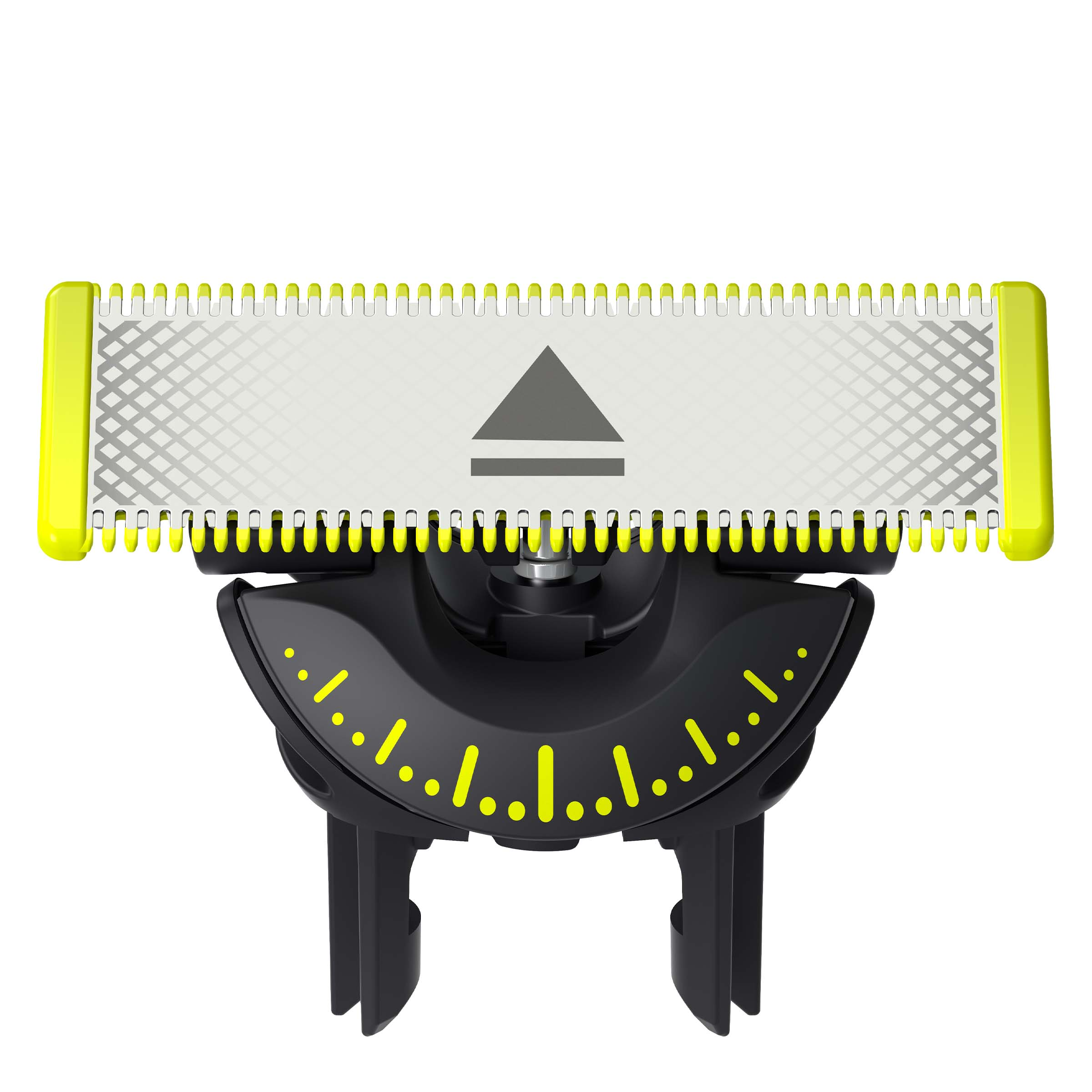 Czarny i żółty ostrze do golenia. Na górze biała kratka i strzałka.