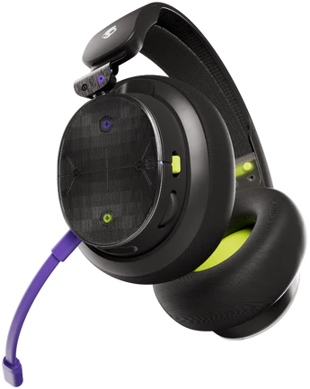 Fekete-lila gaming headset. Fülhallgató mikrofonnal és hangerőszabályzóval.