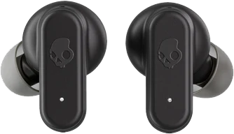 Két fekete Skullcandy fülhallgató tokkal. Skullcandy logó a fülhallgatókon.