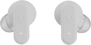 Fehér Skullcandy fülhallgató pár, közelkép.
