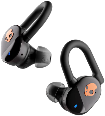 Fekete Skullcandy vezeték nélküli fülhallgató fülekre akasztóval, fekete háttéren.