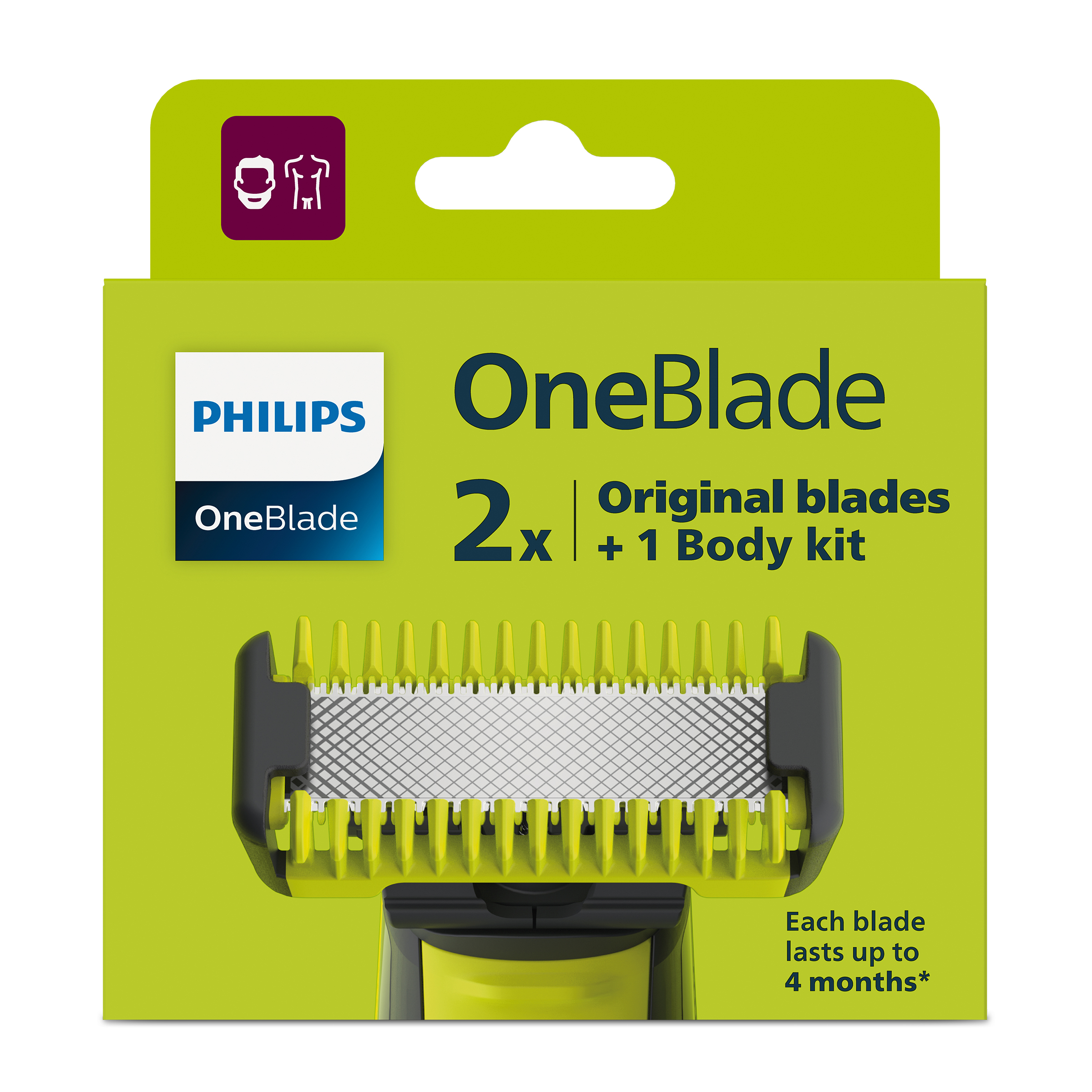 Pudełko z ostrzami Philips OneBlade, zielono-żółte, z ostrzami zapasowymi.