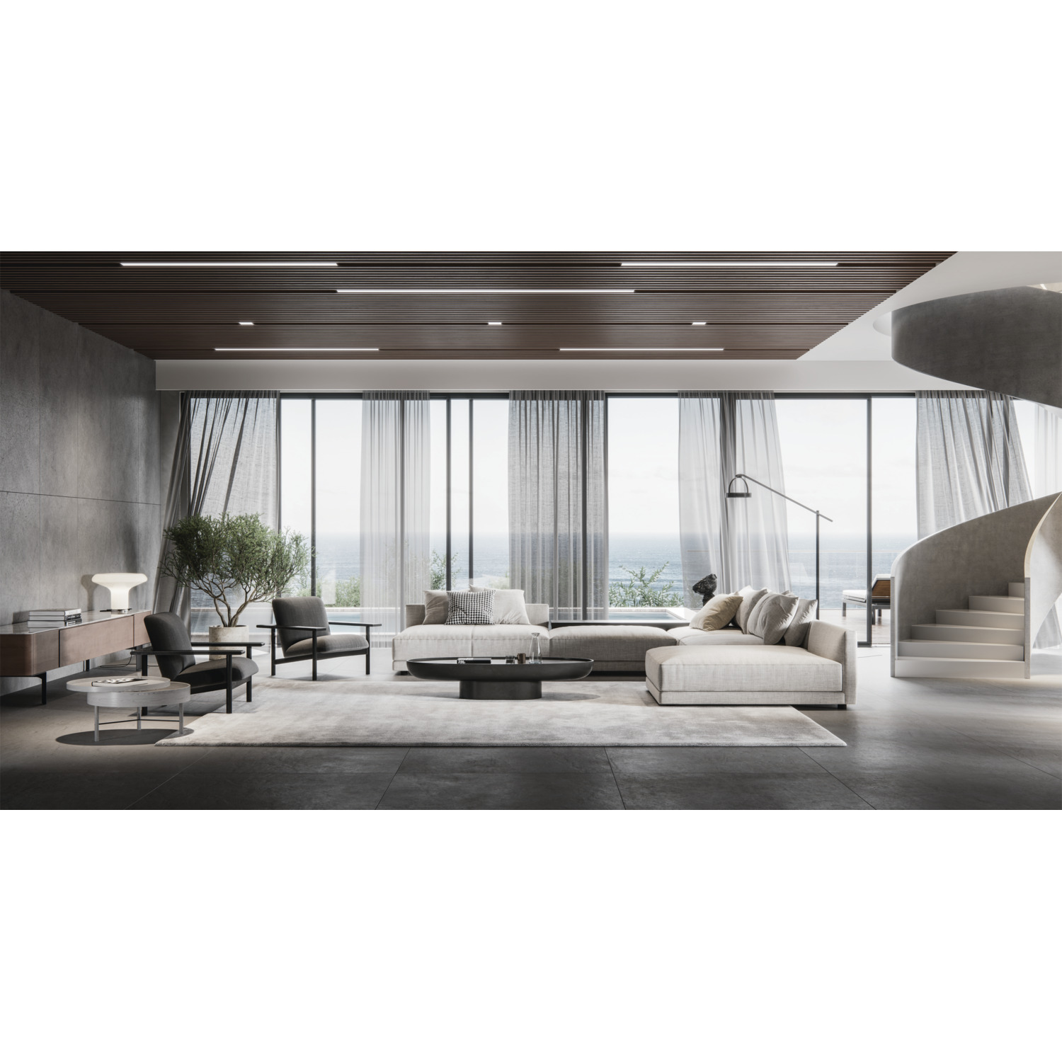 Moderne woonkamer met grote ramen, bank en wenteltrap. Uitzicht op zee.