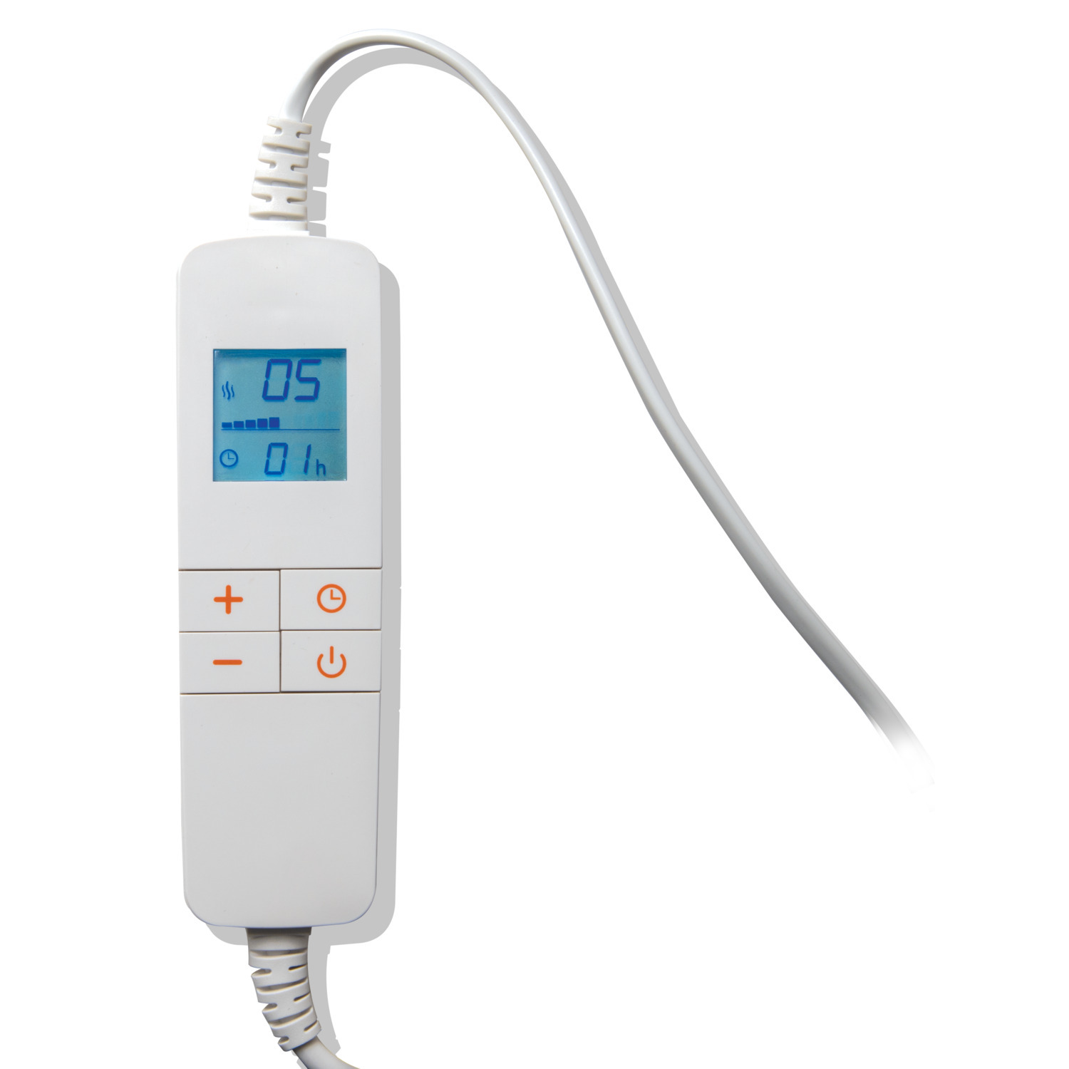 A white control panel with a digital display showing the temperature and time. There are buttons.