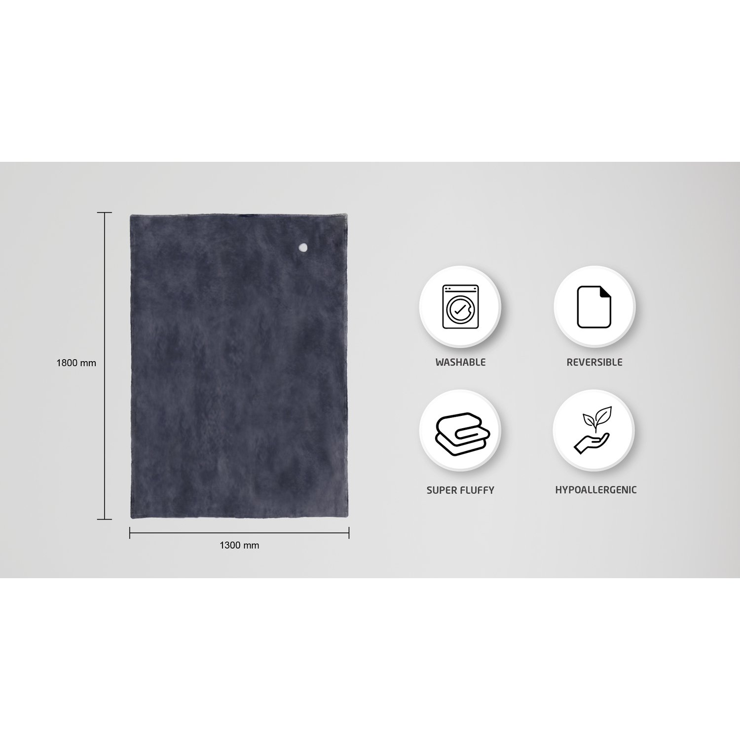 Dark grey blanket with dimensions and icons for washable, reversible, super fluffy, and hypoallergenic.