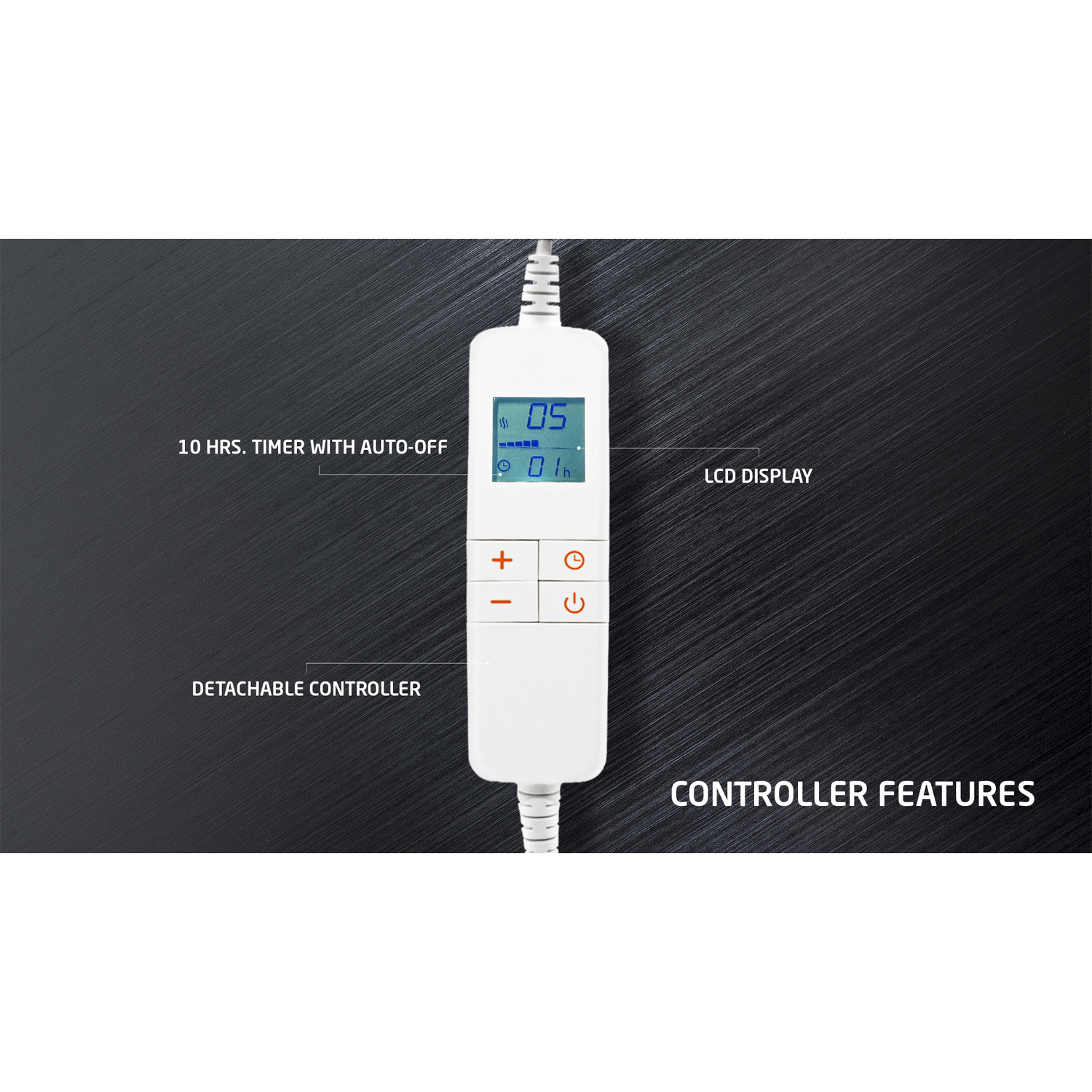 White controller with LCD display for a 10-hour timer. Features include buttons for adjustments.