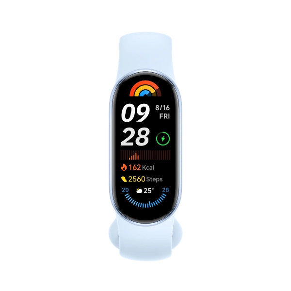 Jasnoniebieski tracker fitness z wyświetlaczem pokazującym czas, datę i dane aktywności.