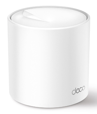 Biały, cylindryczny router Wi-Fi z lekko wklęsłym blatem. Słowo 'deco' jest nadrukowane z boku.
