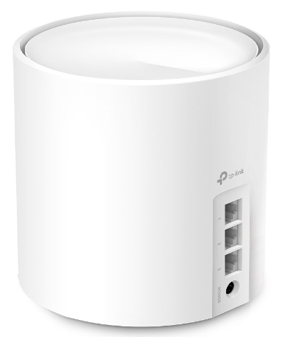 Białe, cylindryczne urządzenie tp-link z portami i wejściem zasilania z tyłu.