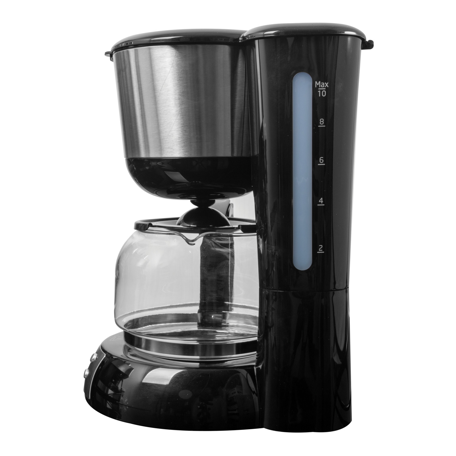 Une cafetière noire et argentée.