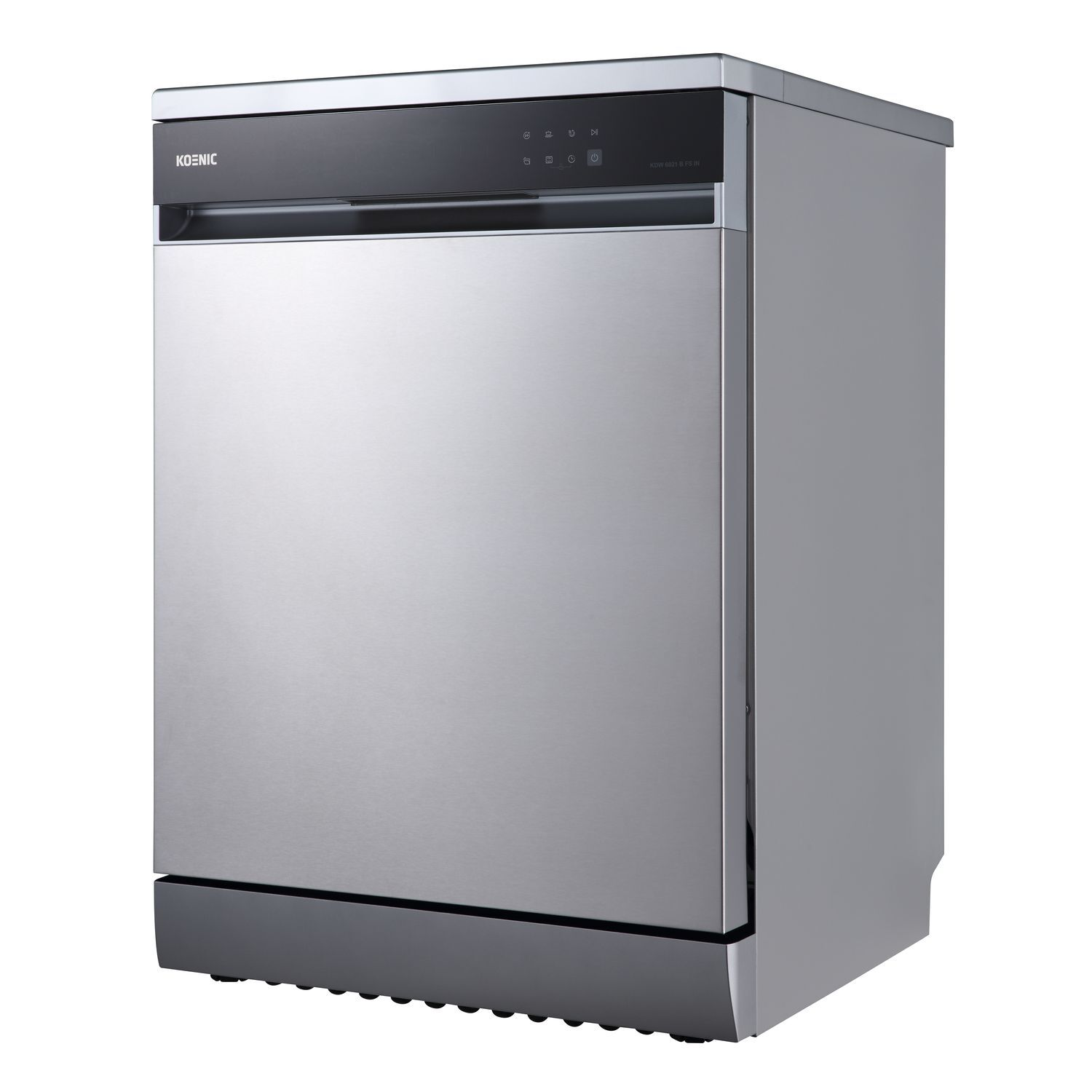 Stainless steel dishwasher with KOENIC brand name. Black top panel.