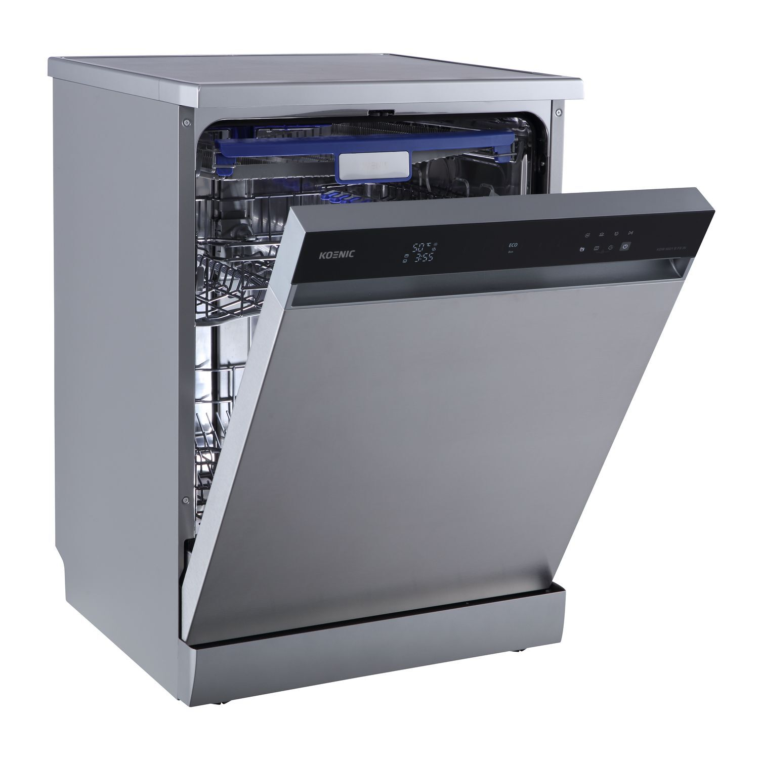 A silver dishwasher with the door open, showing racks inside. The control panel is visible.