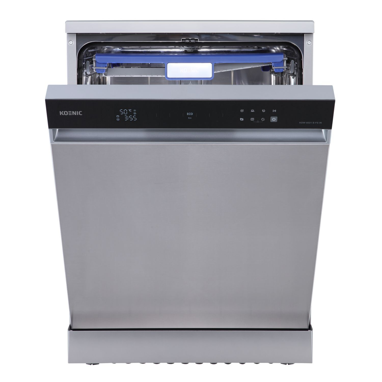 A dishwasher with the door open. The control panel is at the top. The inside is visible.