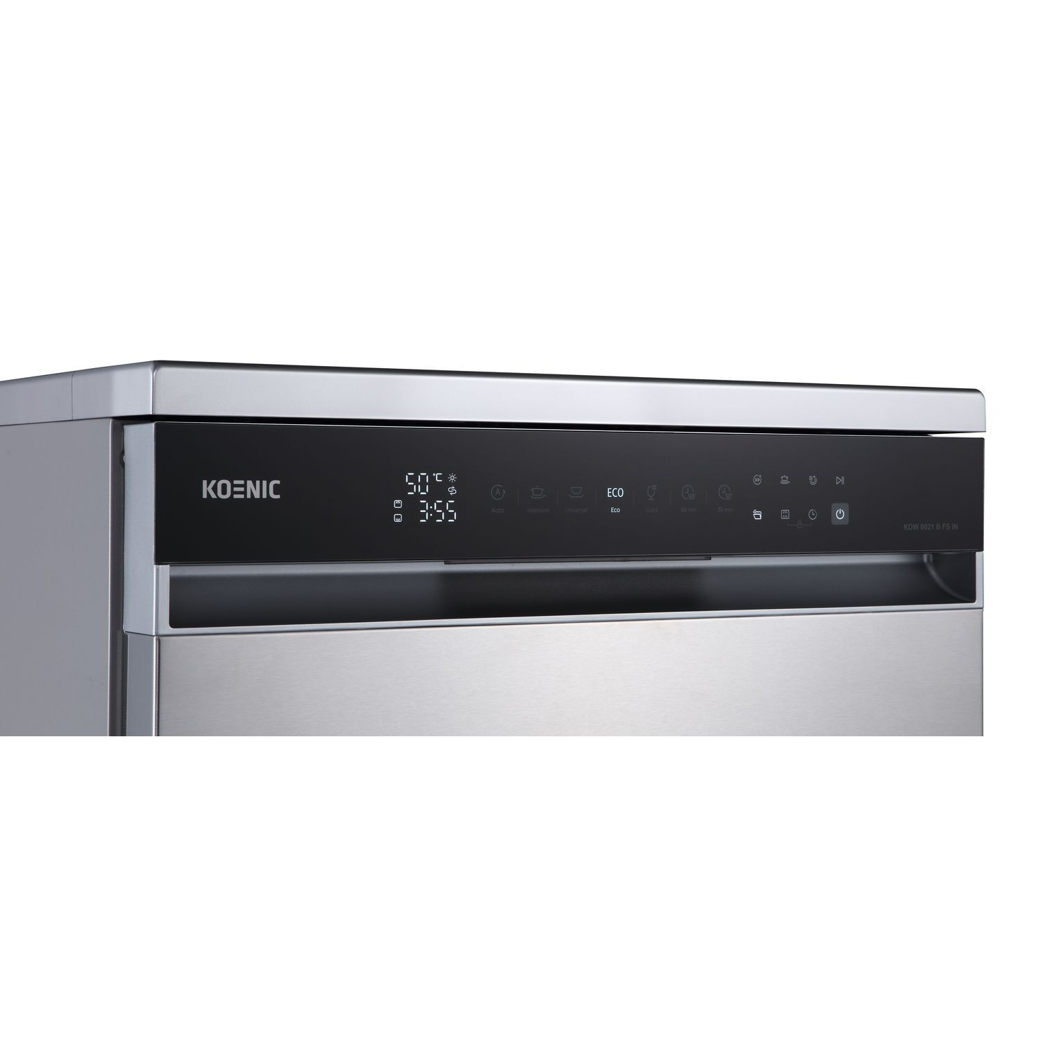 A silver Koenic dishwasher control panel displays settings. The panel has buttons, a screen, and the brand name.