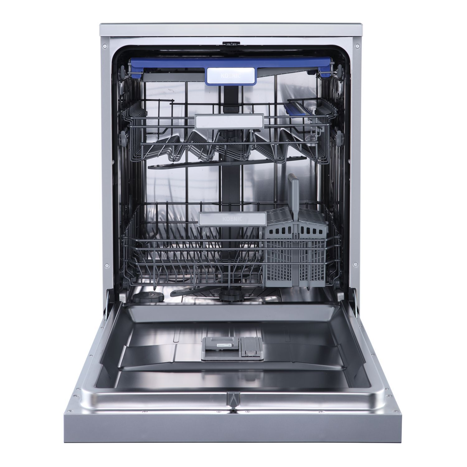 A dishwasher with the door open. The interior is stainless steel with racks and a utensil basket.
