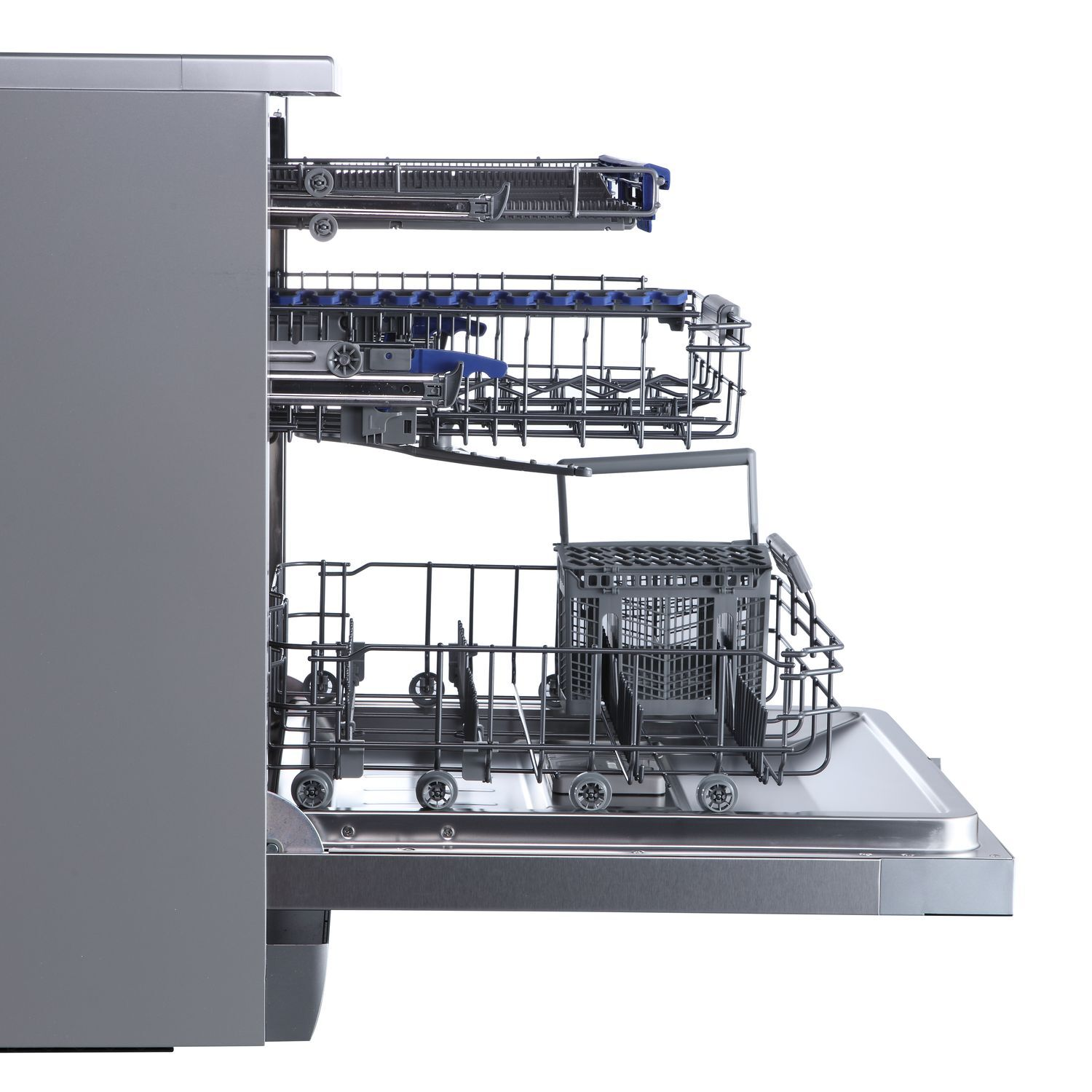 Dishwasher with open door. Inside are racks for dishes. It is silver color.
