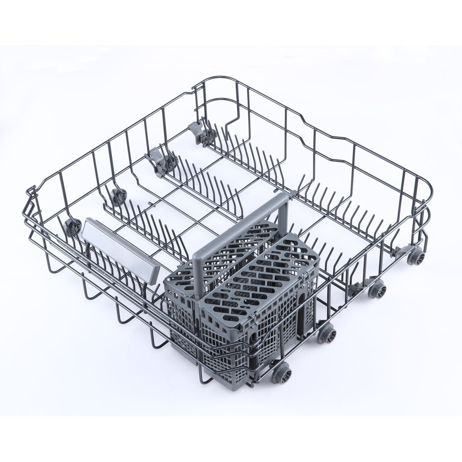 A black metal dishwasher rack on a white background, with compartments for plates and utensils.