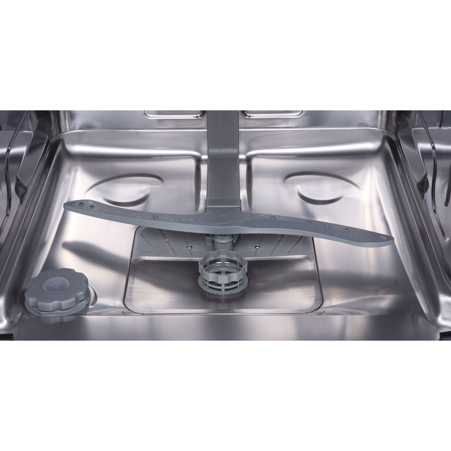 Dishwasher interior with sprayer arms and filter, stainless steel.