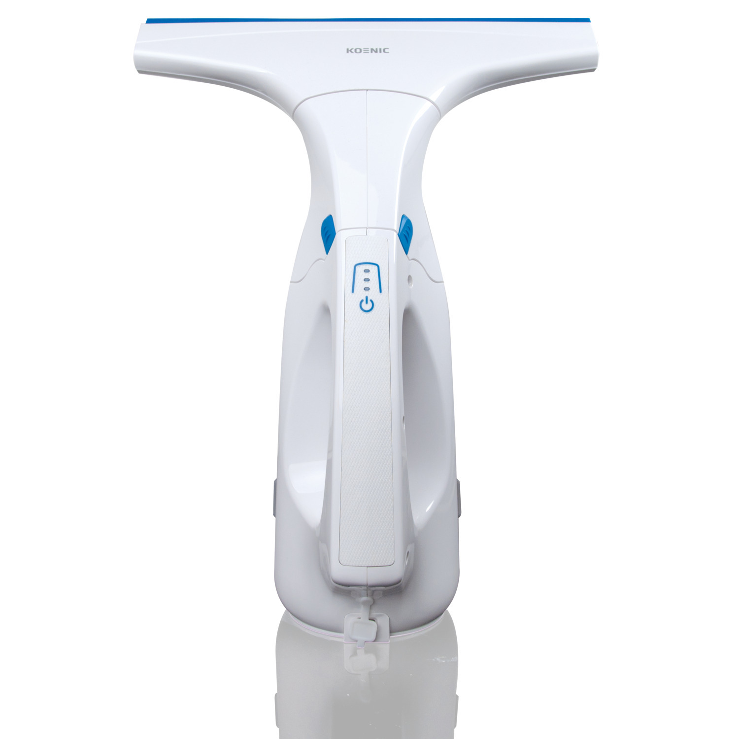 White Koenic window cleaner. Has a handle and blue buttons.