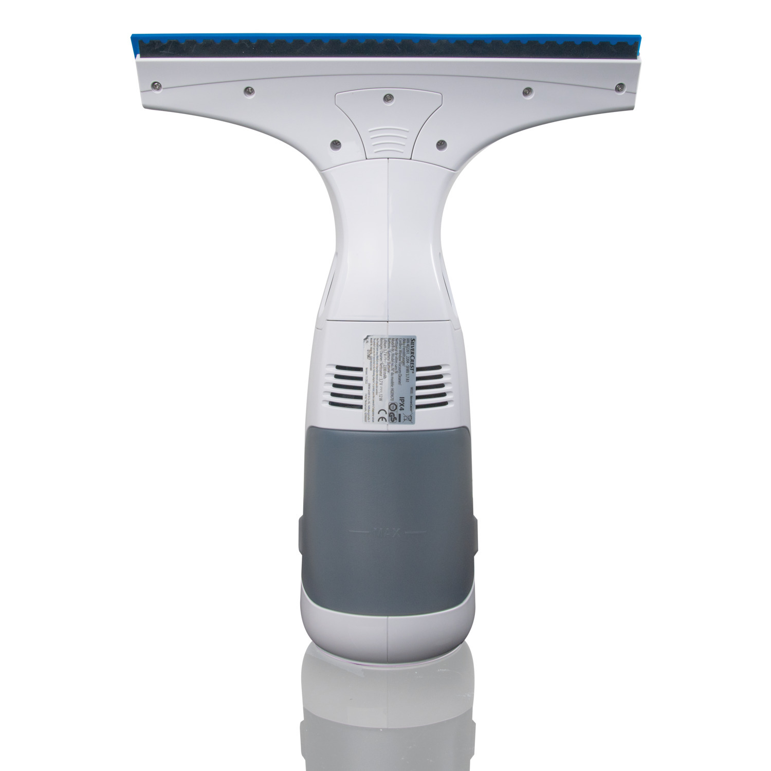 White and gray window cleaner with blue blade, white background.