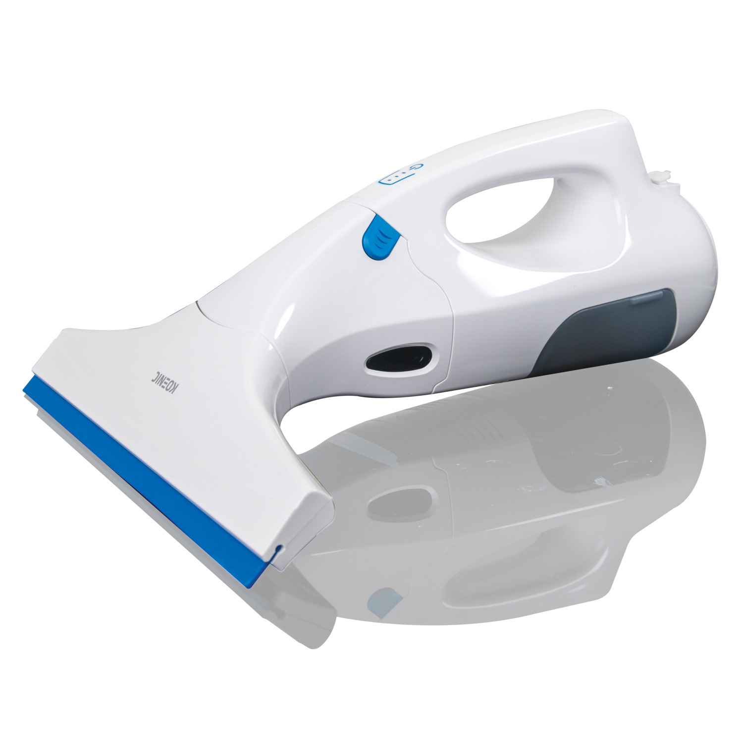 White and gray window cleaner with a blue rubber blade, on a white surface.