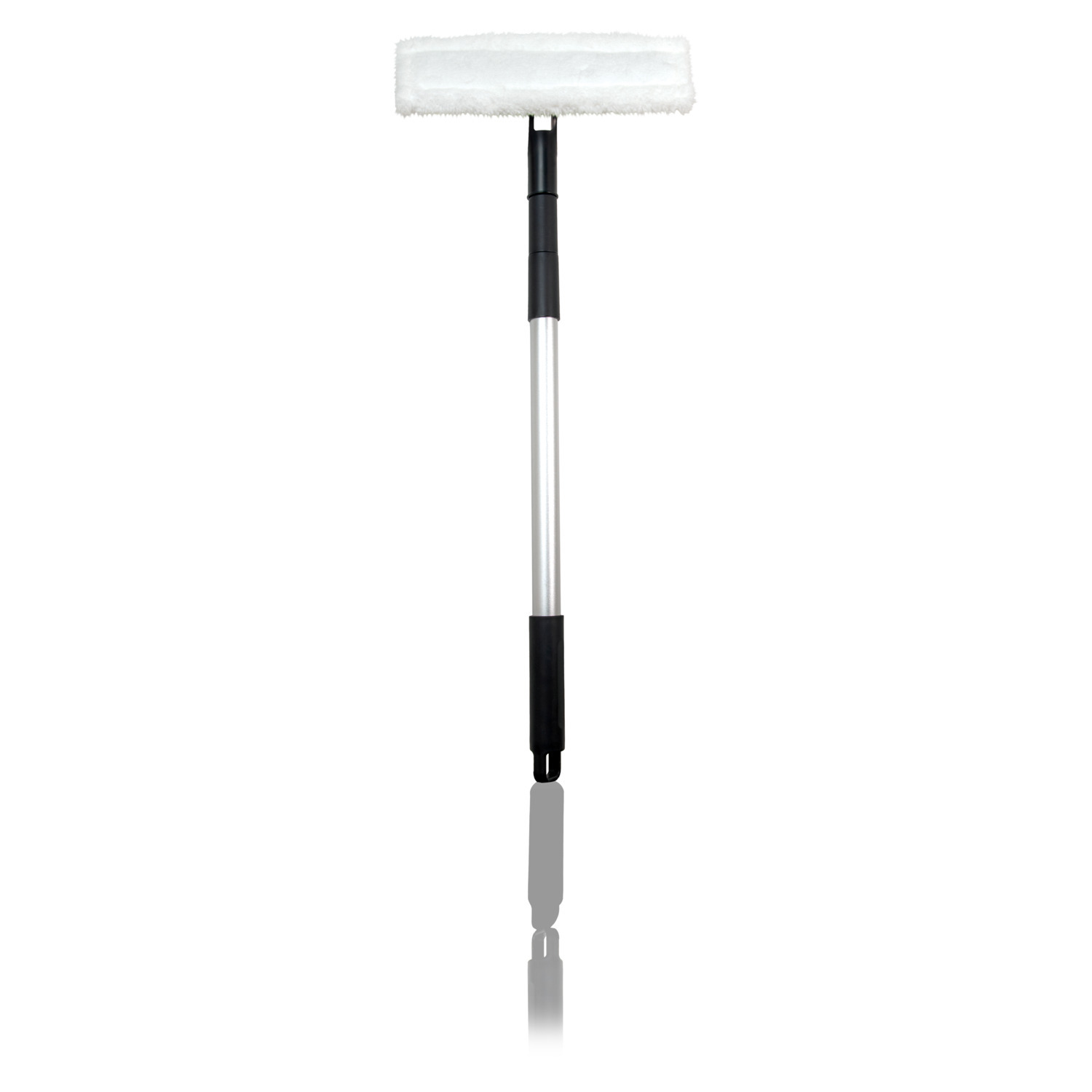Window cleaning tool with a long handle and a white cleaning surface.
