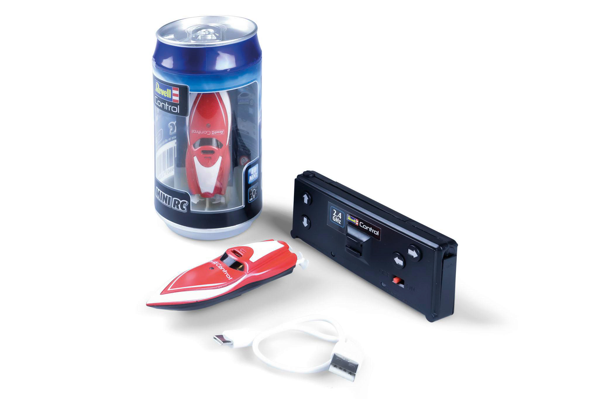 Ein rot-weißes Spielzeugboot mit Controller und Ladekabel.