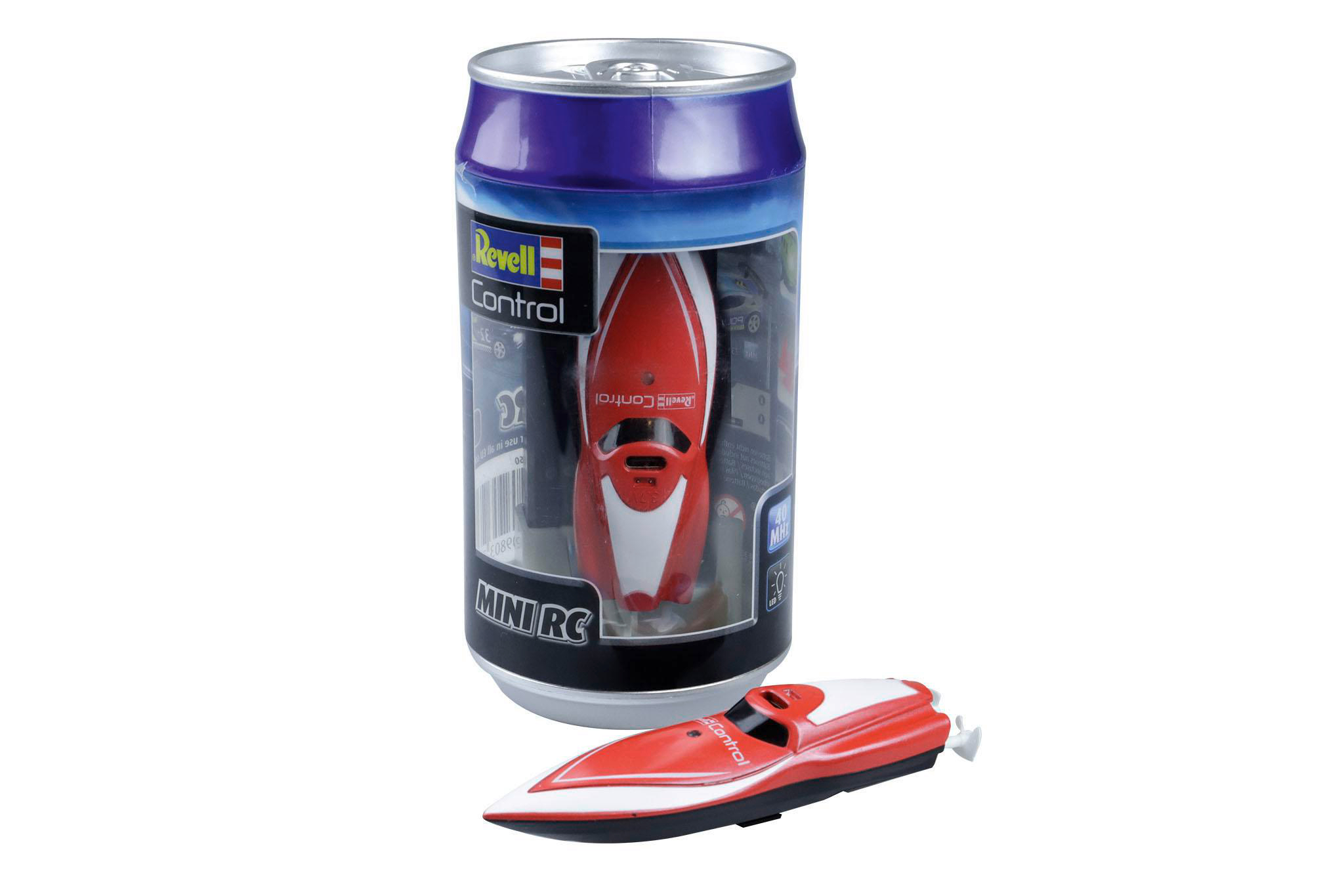 Ein rotes und weißes Mini-RC-Boot in einer transparenten Vitrine in einem Dosenförmigen Behälter.
