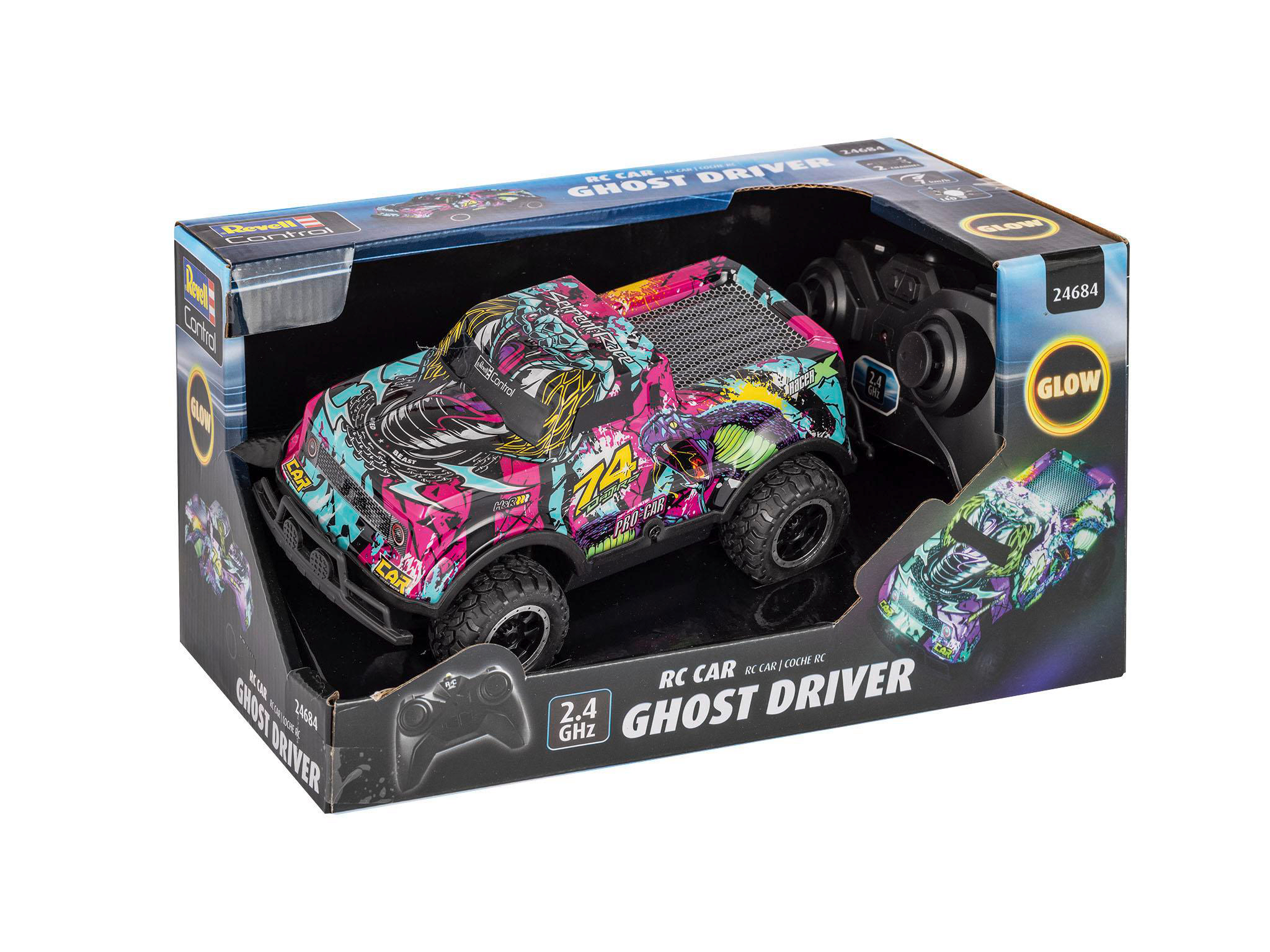 Ein Spielzeugauto in einer Box. Das Auto ist mehrfarbig mit Graffiti-Kunst. Die Box zeigt Bilder des Autos.