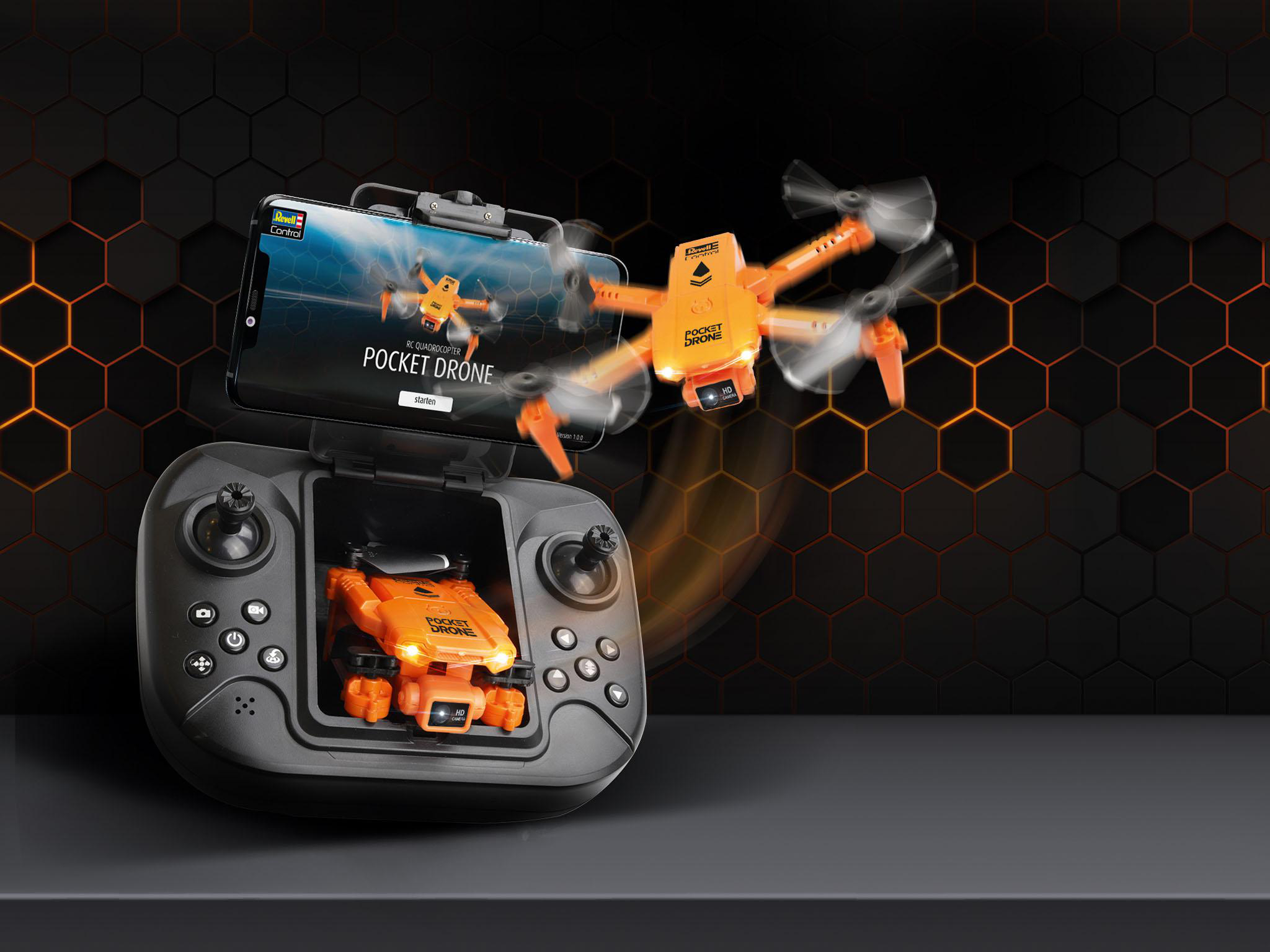 Eine Pocket Drone mit Fernbedienung und einem Smartphone, das die Drohne im Flug zeigt.