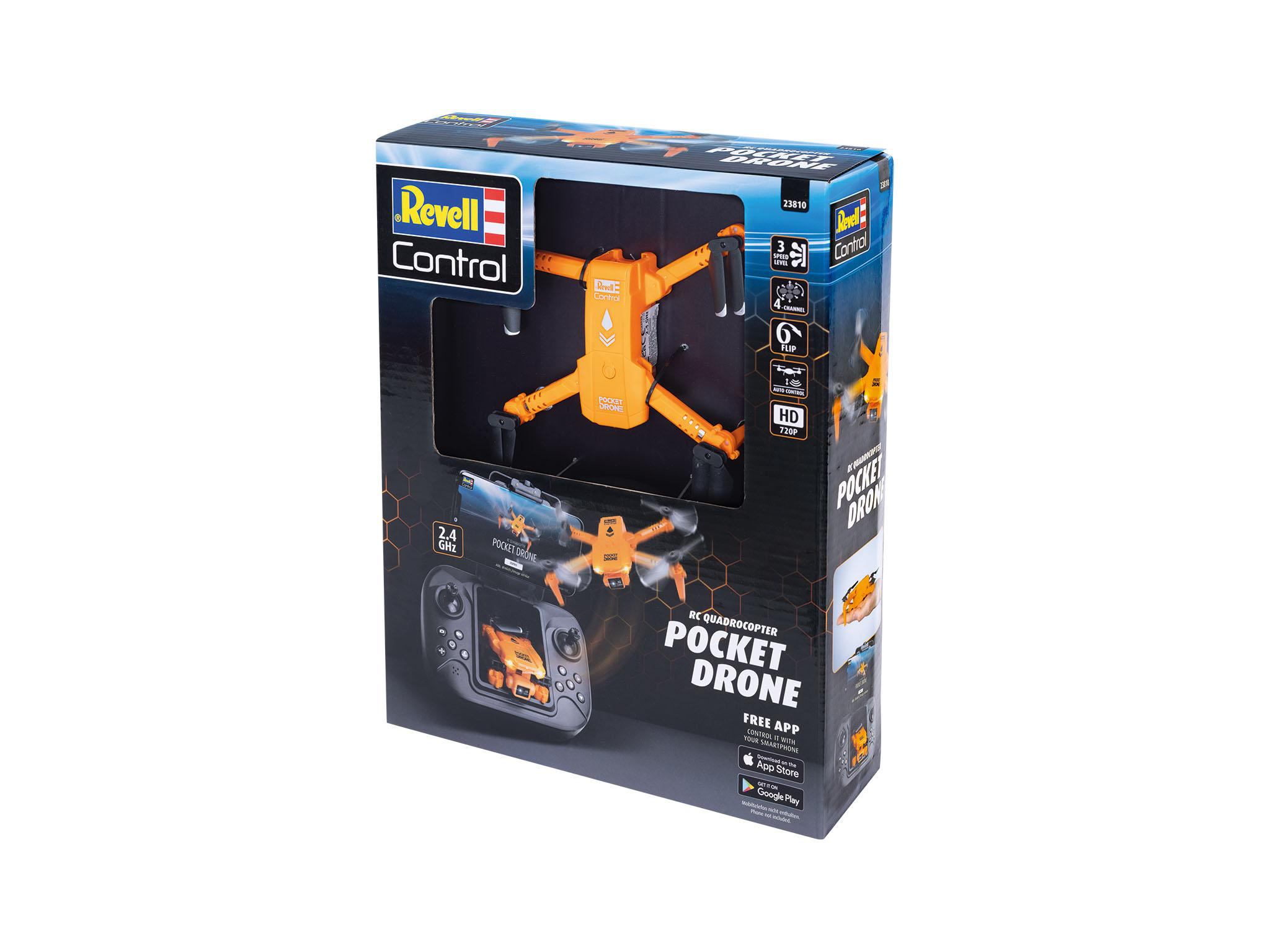 Drohnen-Spielzeug in einer Box. Die Box zeigt Bilder der Drohne und ihres Controllers.
