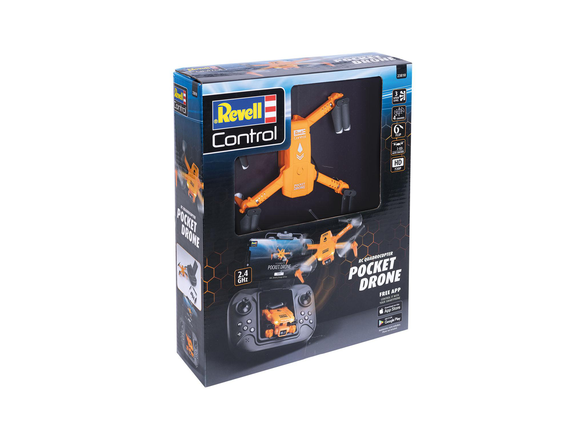 Orange Revell Pocket Drone in der Box, mit Controller und Zubehör.