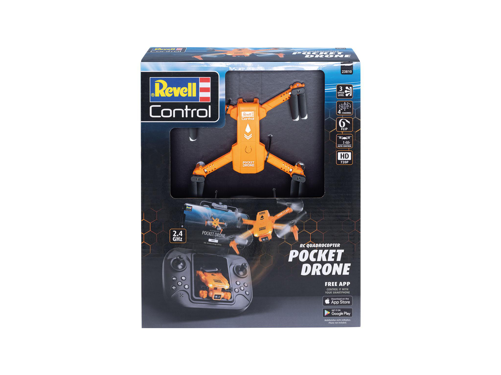 Orange Drohne in einer Box, mit Fernbedienung und Bild der fliegenden Drohne.