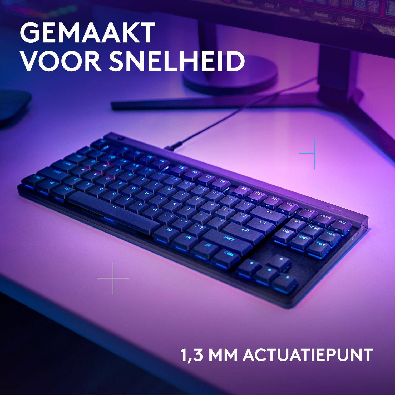 Black keyboard with blue backlighting. Text: Made for Speed. 1.3mm actuation point.