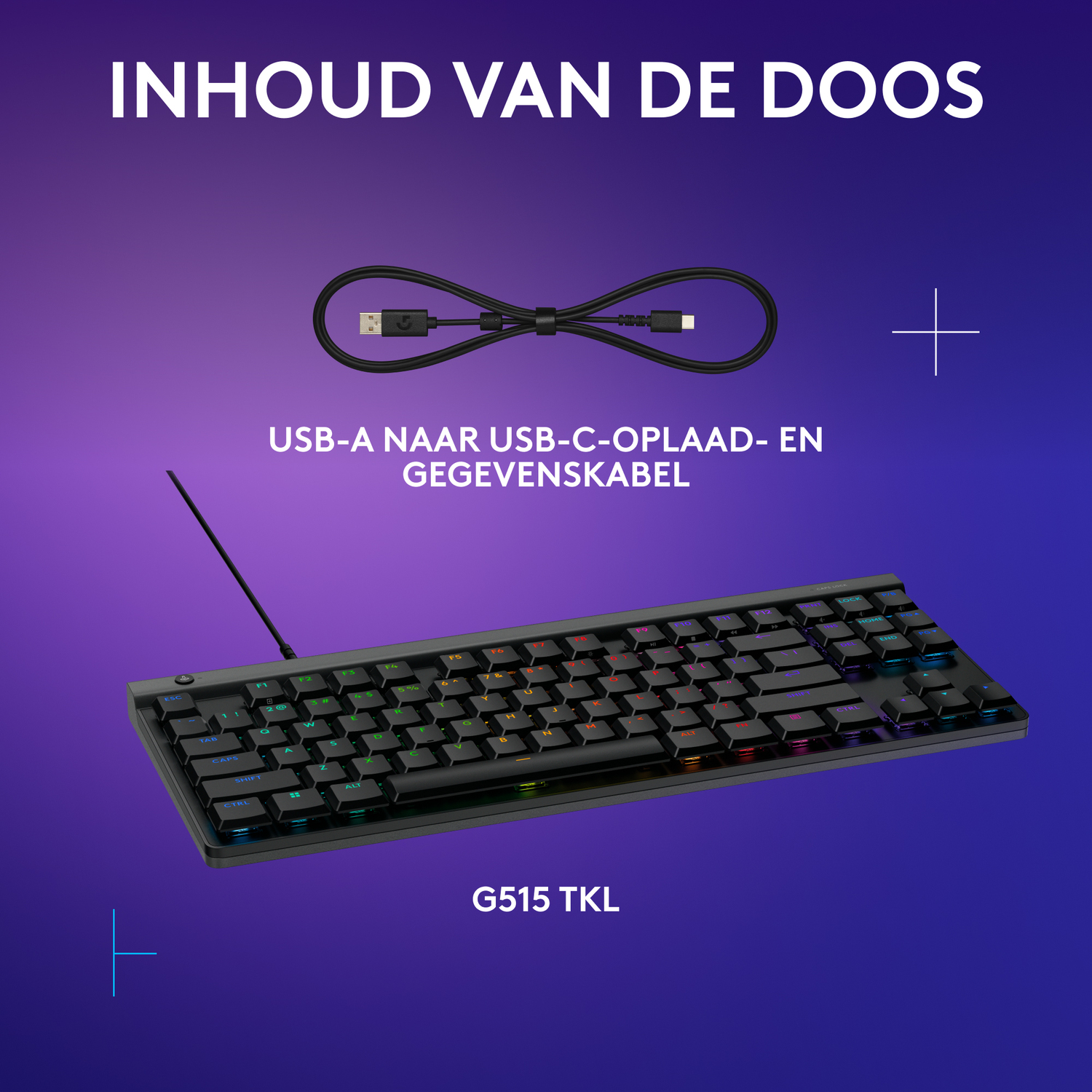 A black keyboard, USB cable, and a package that says 'USB-A to USB-C charging and data cable'.