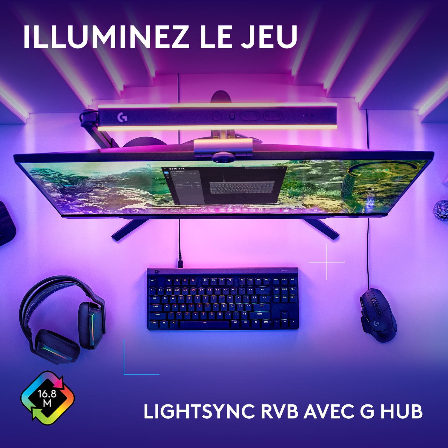 Configuration de jeu : Moniteur, clavier, souris, casque avec lumières RGB.