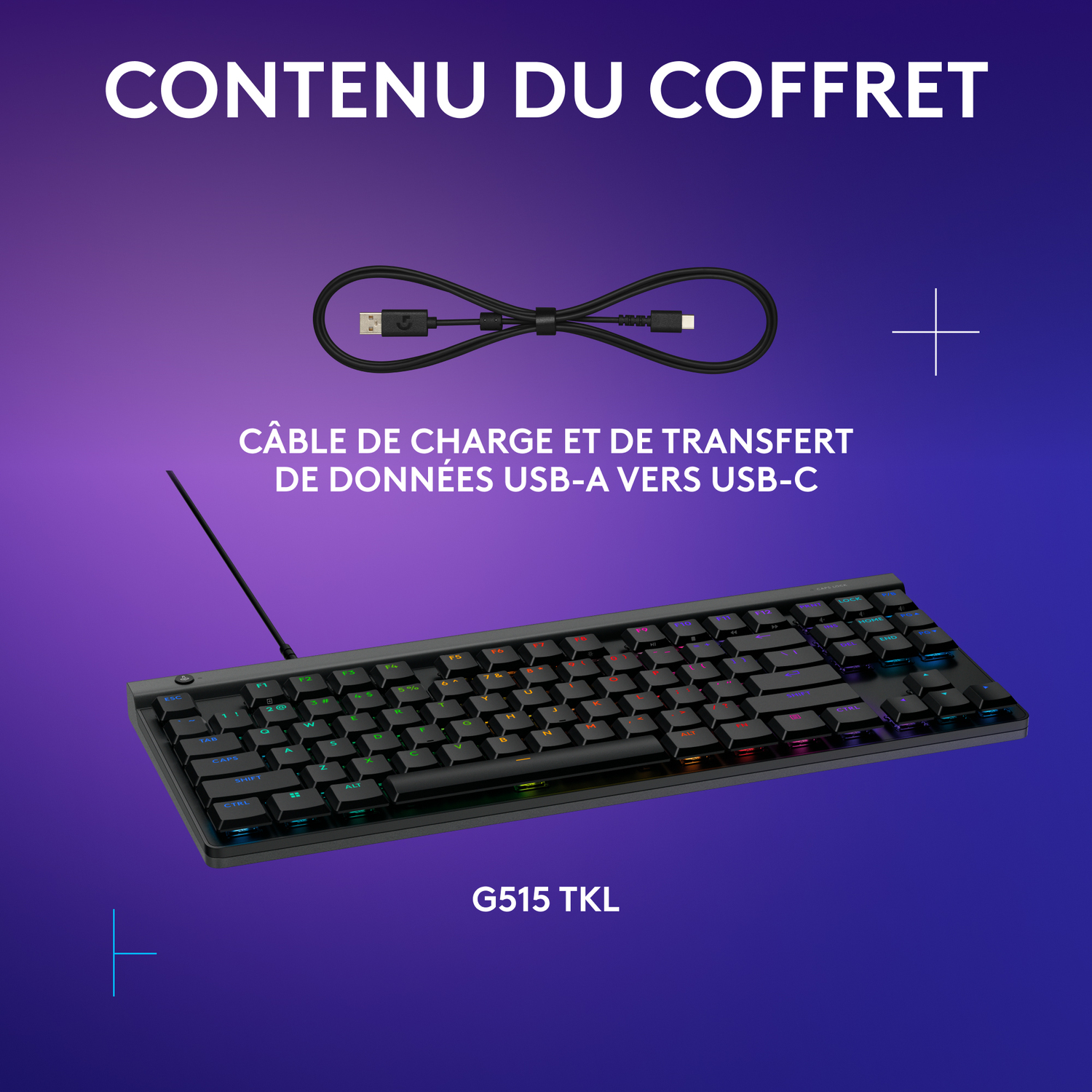Un clavier noir et un câble USB, avec un fond bleu et violet, et du texte en haut.