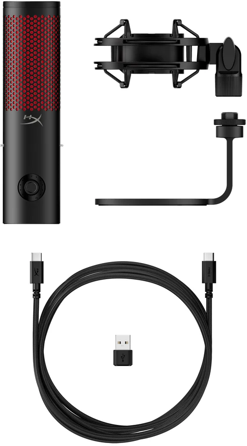 HyperX mikrofon tartozékokkal: tartó, állvány, USB kábel és adapter.