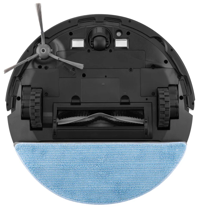 Egy fekete robotporszívó alulnézete kefékkel és kék tisztítópaddal.